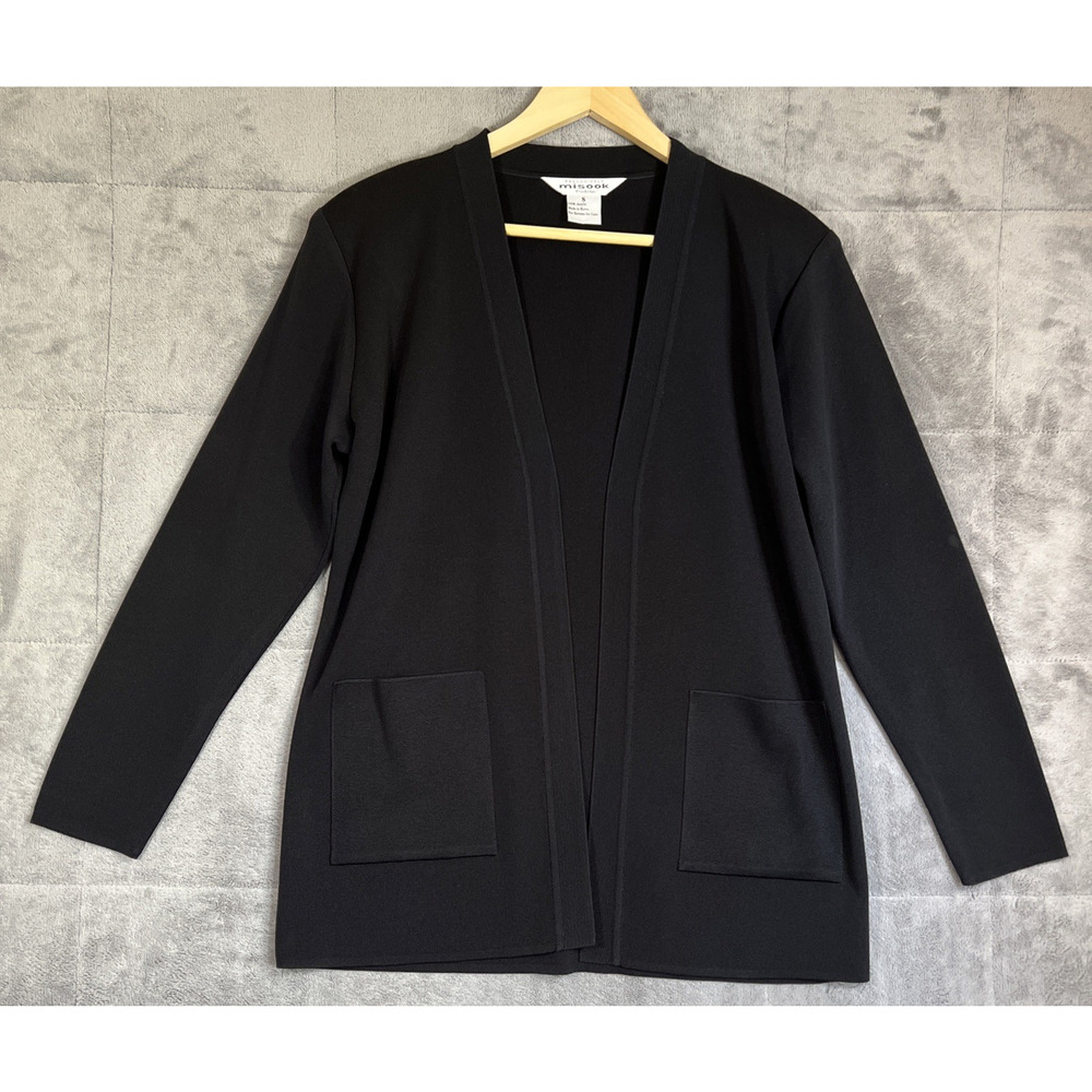 Exclusively Misook Cardigan Size Small Petite Black Open Pockets Buttonless